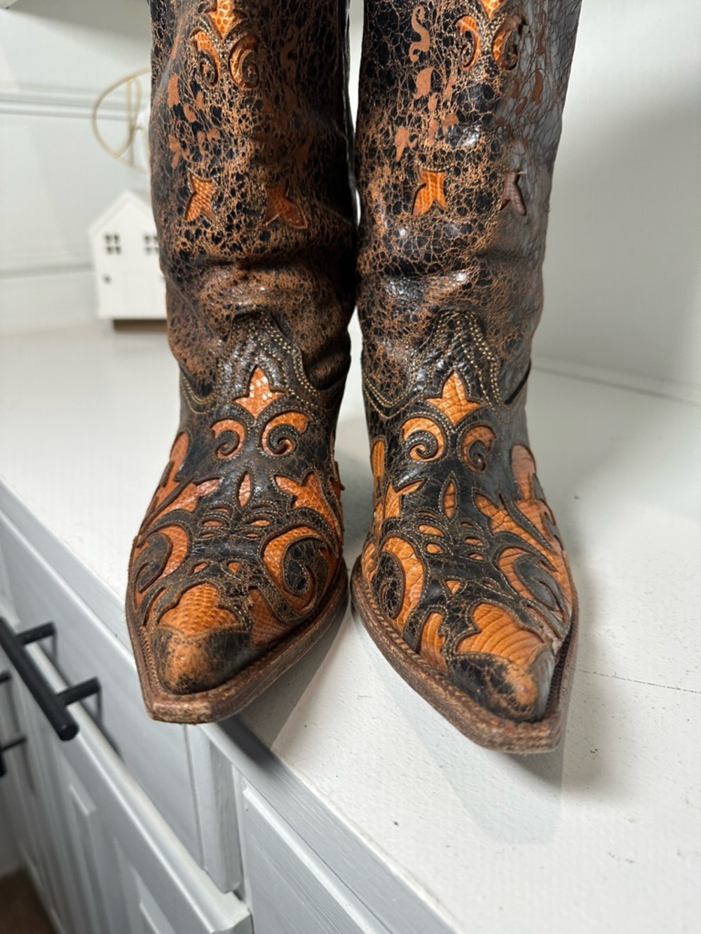 Corral Boots Lizard Inlay Cowboy Womens 8.5M Distressed Brown Leather Western - Picture 4 of 9